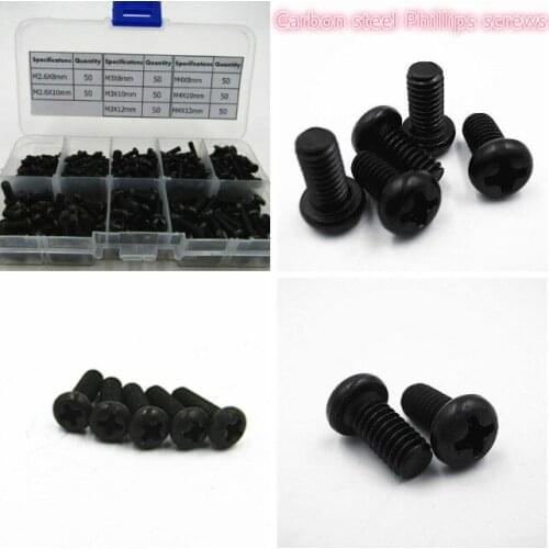 M2.6/3/4 Black Carbon Steel Cross Pan Head Machine Screw Combination Kit 400PCS/Box