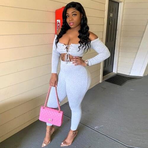 Women Tracksuit Off The Shoulder Slash Neck Full Sleeve Crop Tops and Workout Jogger Pant Active Wear Lace Up Hollow 2 Pcs Sets