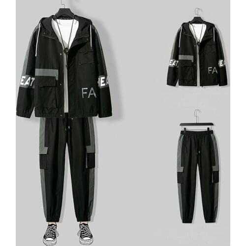 2020 Workwear Jacket Mens Hooded Jacket+Pants 2PC Sets Loose Hip Hop Tracksuit Mens Coat & Long Pants Mens Clothing Streetwear