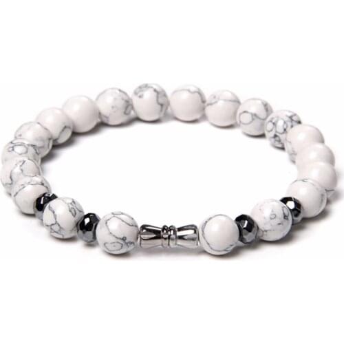 Men Bracelet Trendy Natural Stone White Turquoises Howlite Beads Yoga Bracelet Metal Rotating Buckle Bracelet Jewelry Women Male