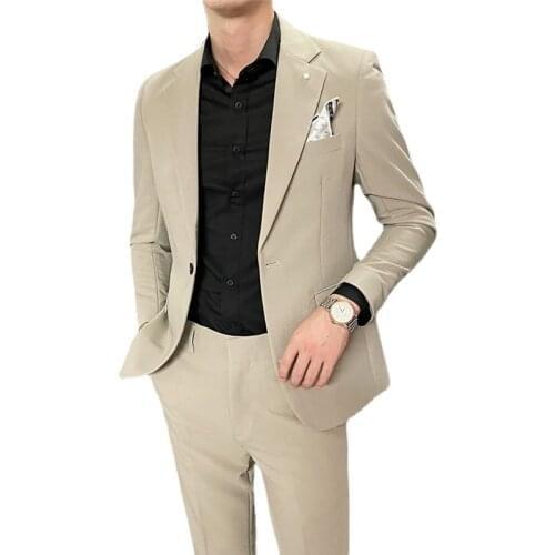 2021 Pure Color New Men Formal 2 Piece Suit Black Gray Khaki Slim Fit Mens Business Wedding Suits Fashion Blazers and Pants