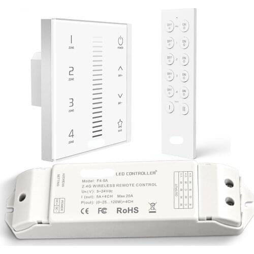 New led Dimmer 4 Zones Touch Panel Wall Mount Dimming 2.4GHz DMX AC100V-240V Input with 5A 4 Channel F4-5A Receiver RF Remote