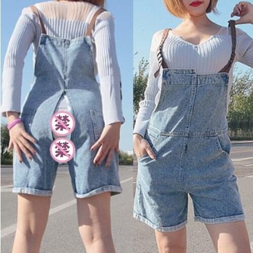 Outdoor Sex Romper Women Clothes Zipper Open Crotch Denim Shorts Pants Sexy Jeans Jumpsuits Female Sexual Exotic Clothing Outfit