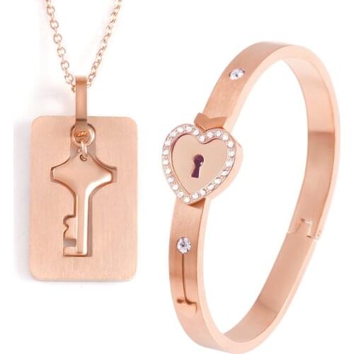 OMKAIMING Design Valentines Day Gift Concentric Lock Key Titanium Steel Stainless Steel Jewelry Bracelet Necklace Couple Sets