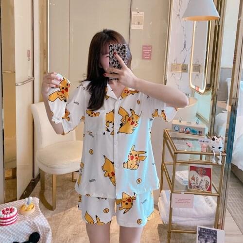 2021 Pikachu Pajamas Women Summer Cardigan Lapel Two-piece Suit Korean Short-sleeved Cartoon Home Service with Eye Mask