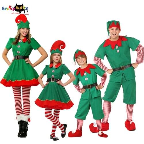 Green Christmas Elf Costumes Adult Santa Claus Cosplay Family Matching Clothes Kids Carnival Dress Girls New Year Outfit Hat
