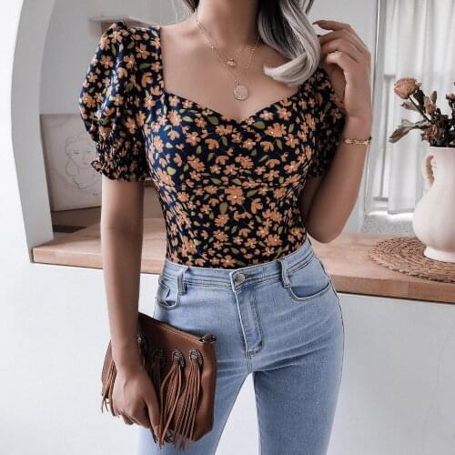 Chiffon Cropped Blouses Women Chic Puff Short Sleeve Tops Sweet V Neck Floral Print Casual Blouse Shirt Blusas dropshipping