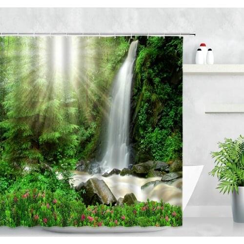 Sunshine Waterfall Shower Curtain Set Jungle Green Plants Trees Meadow Flowers Modern Natural Landscape Bathroom Decor Curtains