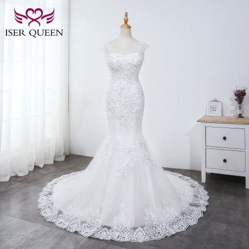 O-neck Sequined Beading Mermaid Wedding Dresses Lace up Pure White WX0038