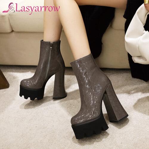 Lasyarrow Women Ankle Boots Platform Square Heels Super High Heels Boots Zipper Casual Shoes Boots Round Toe Party Shoes