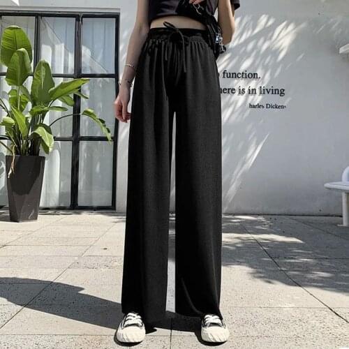 AECU Female High Waist Plus Size Casual Ladies Culottes Trousers Women Tie Wide Leg Pants Solid Color Pantalones Pleated Pants
