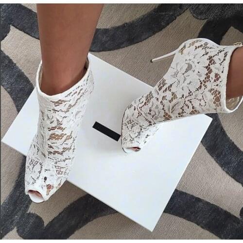 Summer Botas Sandalias Red White Extreme High Heel Lace Shoes Wedding Party Peep Toe Mesh Ankle Bootie Shoes Woman 2020 Heels