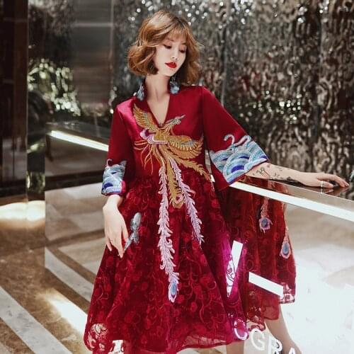 High waist Evening Dress Elegant V-Neck Phoenix embroidery Plus Size Robe De Soiree Women Party Night Dresses qipao