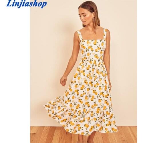 Vintage fashion summer dress spaghetti straps back elastic zipper floral print long midi dress femme vestidos