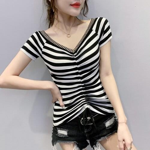 #6137 Summer Short Sleeve T Shirt Women V Neck Sexy Basic T Shirt Female Drawstring Sexy Tight T Shirt Woman Slim Short T-shirt