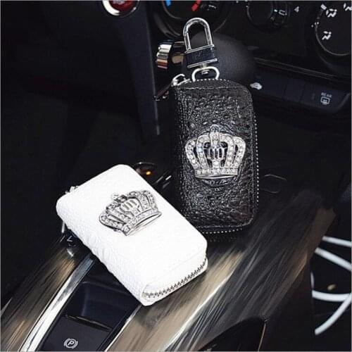 Crystal Crown Diamond Key Case for Car Key Cover Holder Genuine Leather Key Wallets Bag Fashion Women Rhinestone Housekeeper