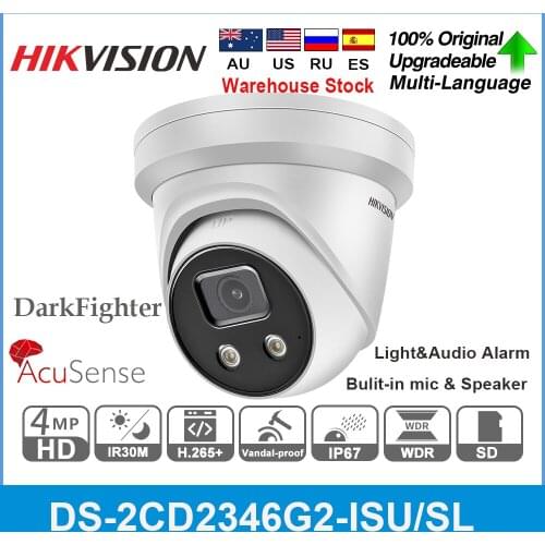 Hikvision 4MP IP Camera DS-2CD2346G2-ISU/SL Camera POE IR 40M AcuSense Darkfighter Built-in Microphone & Speaker Light Alarm APP