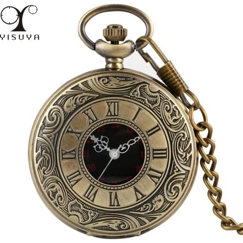 Exquisite Bronze Roman Numerals Necklace Pendant Pocket Watch Hollow Circle Cover Black Dial Antique Cool Men Women Pocket Clock