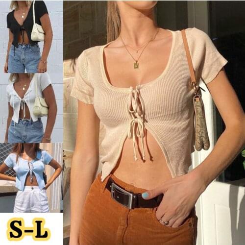 Kuelawear Short Sleeve Lace Up Cardigan Round Neck Pullover T-shirts Womens Solid Color Tight Tops Ladies Summer Casual Topss