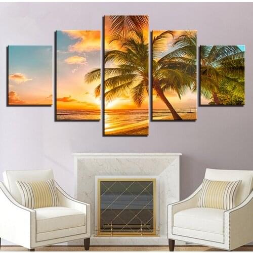 Canvas Paintings Home Decor 5 Pieces Sunset Beach Wave Palm Trees Seascape Posters Bedroom Wall Art HD Prints Pictures Framework