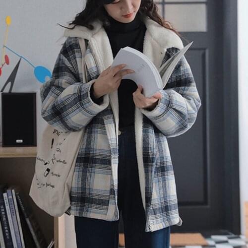 Hstar Stand-Up Collar Jacket New Retro Plaid Lamb Fur Coat Plus Velvet Liner Tooling Loose Casual Warm Women Winter Outerwear