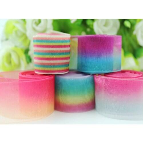 Free shipping Rainbow gradient decorative mesh ribbon organza 38mm 25 yards ribbons handmade materials gift wrap tape