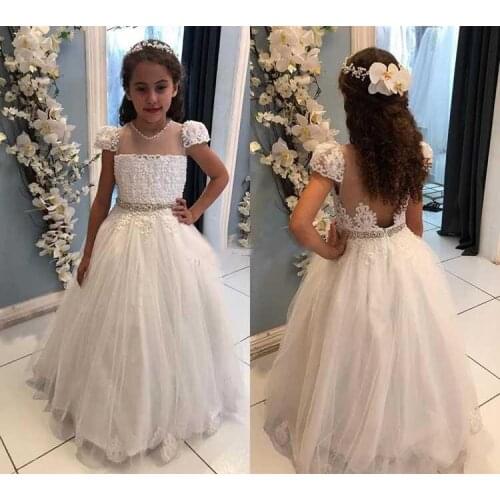 Sweet Flower Girl Dresses for Weddings Jewel Cap Sleeve Backless Floor Length Appliques Pearls Beads Child Birthday Party Gowns