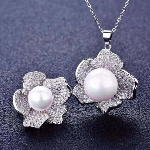 Fashion Flower Pendant Necklace Charm Finger Rings Delicate Pearl Jewelry For Women Wedding Engagement Unusual Earrings Gift