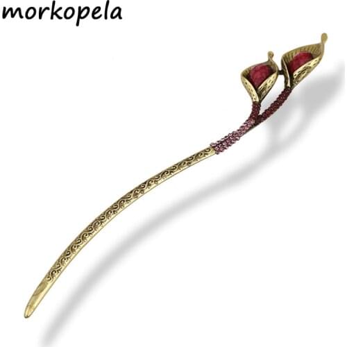 Morkopela Tulip Flower Long Hairpin Vintage Women Banquet Hair Stick Jewelry Wedding Bridal Hair Accessories