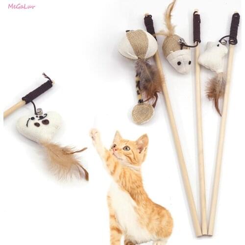 Cartoon Pet Cat Teaser Toys Feather Wood Rod Mouse Toy with Mini Bell Cat Catcher Teaser Wooden Stick Cat Interactive Toys