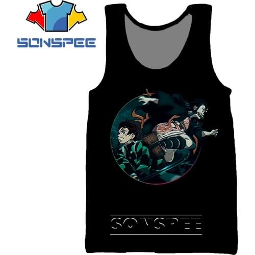 SONSPEE 3D Anime Demon Slayer Blade Round Print Pattern Vest Mens Summer Loose Katana Cartoon Oversized Sleeveless T-shirt
