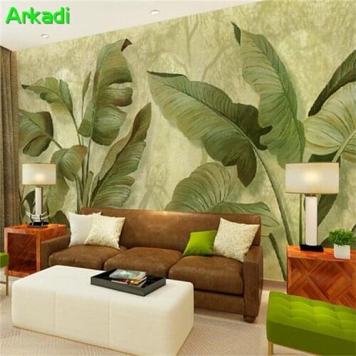 Southeast Asian living room wallpaper subtropical beautiful fresh green banana leaf oil painting wall hand-painted rainforest