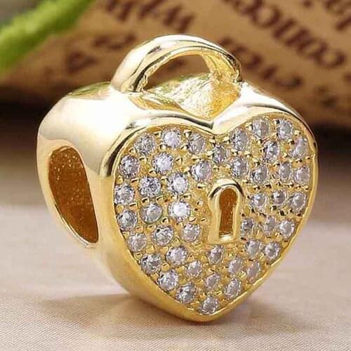Original Gold Color Openwork Lock Hearts With Full Crystal Beads Fit 925 Sterling Silver Bead Charm Bracelet Diy Jewelry