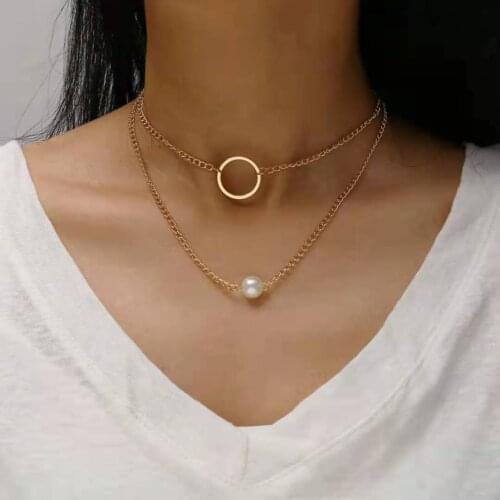 Fashion Personality Womens Necklace Simple Artificial Pearl Metal Ring Pendant Multilayer Necklace 2021 Trend New Party Gift