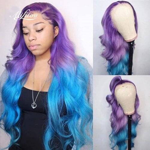 ALIFITOV Ombre Purple Blue hd Lace Frontal Wig Body Wave Human Hair Wigs Pre-Plucked Lace Wigs For Women