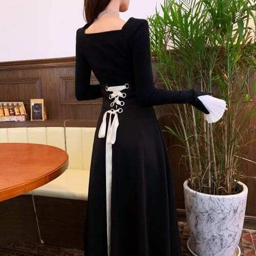 Hi Girl Spring Womens Set Black Lace Long Sleeve Knitted Top and Criss-Cross Slim Long Skirt Chic Two Pieces Set Women Clothing