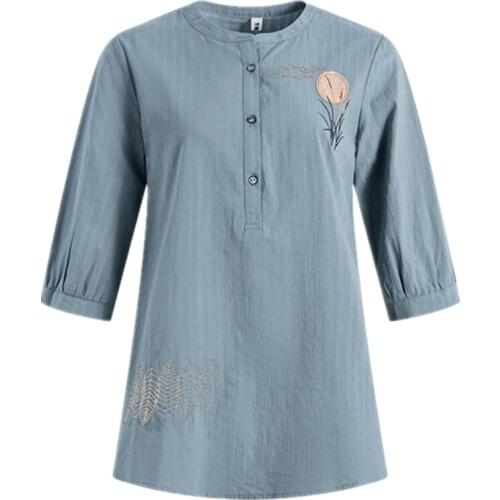 Cotton Linen Women Summer Shirts Casual Loose Embroidery O-Neck Half Sleeve Temperament Blouses Buttons Top Blusas MM1003