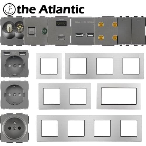 S Series- EU French Wall Power Socket USB Light Switch Type C RJ45 HDMI Module Frame DIY Free Combination Gray Grey Silver Metal