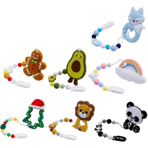Silicone Teether Wood Beads Christmas treeSet BPA Free DIY Baby Teething Necklace Toy Cartoon Panda Lion Pacifier chain Clip