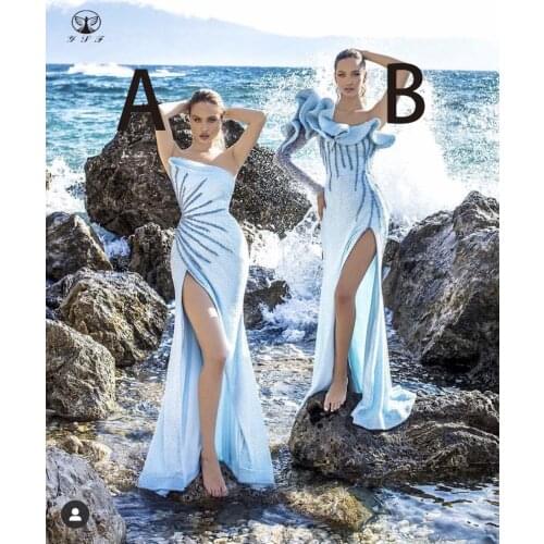 Sexy Prom Dresses One Shoulder Bling Bling Sequins High Slit Thigh Sheath Sea Blue Vestidos De Formature