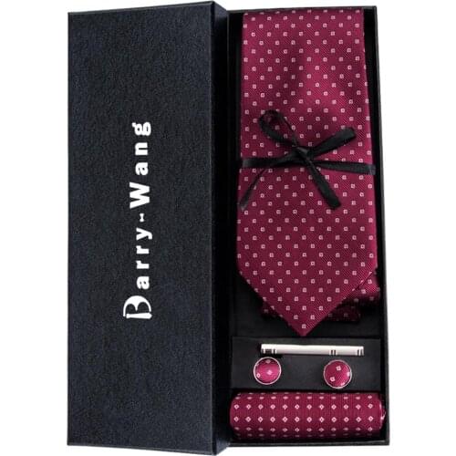 TS-875 Barry.Wang 2018 Mens Ties Necktie Hanky Cufflinks Set With Gift Box Red Dots Ties For Men Wedding Business Party