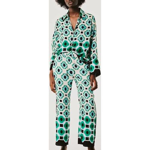 ZA 2pcs Women Shirts +Trousers Suit 2021 Summer Printed Long Sleeve Blouse Set Female Pants Single Breasted Casual Clothes