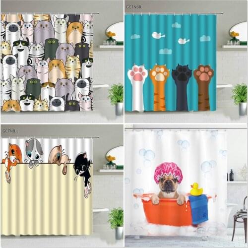 Cat Printed Shower Curtain Cartoon Lovely Animal Bear Waterproof Polyester Hanging Curtains Bathroom Bathtub Decor with Hooks