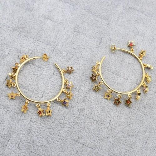 45mm Womens High Quality Gold circle with colorful star decoration Fashion Style Earrings For Woman Christmas Gift 1 Pair
