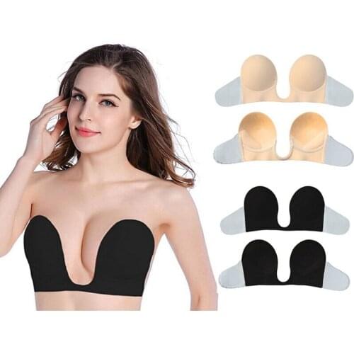 Ladies Sexy Solid Color U-Neck Silicone Push-Up Strapless Backless Invisible Soft Comfortable Bra Tops Self-Adhesive Stick Bras