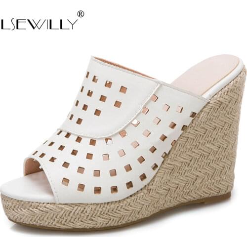 Lsewilly 2021 Hollow Out Fashion Slip On Mules Platform Top Quality Summer Sandals Wedges High Heels Woman Shoes Plus Size 50