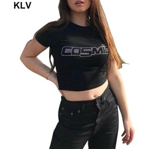 Women Summer Short Sleeve / Sleeveless Crop Top Hot Drill Rhinestone Cosmic Letter T-Shirt Navel Slim Vest Club Streetwear