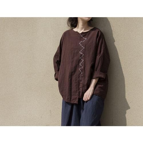 Women Spring Linen Embroidery Vintage Loose Pullover 2019 Vintage Solid Color Long Sleeve Tops 2 Colors Original Shirts New