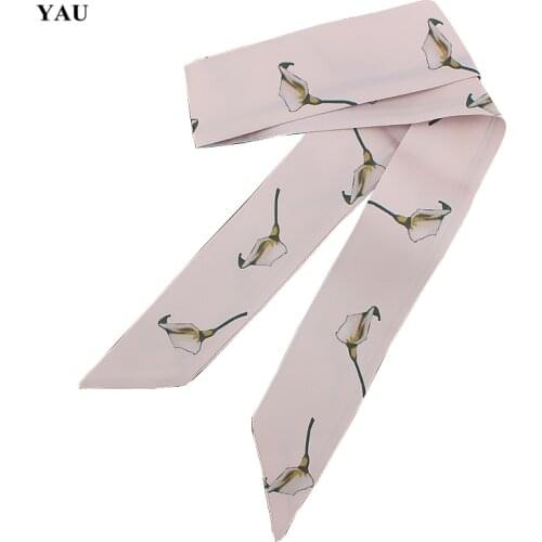 Brand 95cm*5cm Floral Calla Lily Printed Bag Small Scarf Women Twill Silk Scarf Headband Long Scarves Bag Accessories Ribbon