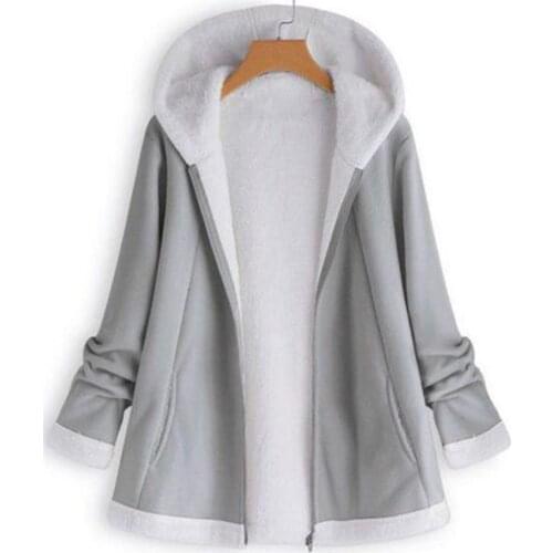 Casual Fluffy Coat Women Autumn Winter Solid Color Long Sleeve Zipper Button Cute Warm Hooded Coat Plus Size Outwear Female